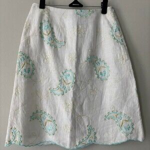 Y2K Cottagecore white linen Boho Embroidered Beaded Midi Fairycore Skirt XS Smal